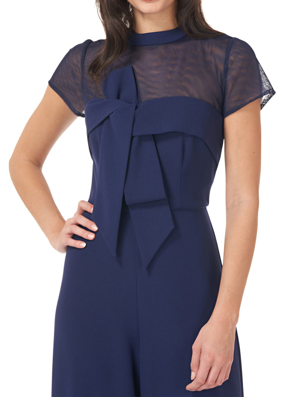 Jumpsuit/Pantsuit High Neck Short Sleeves Floor-Length Tulle/Elastic Satin Evening Dresses