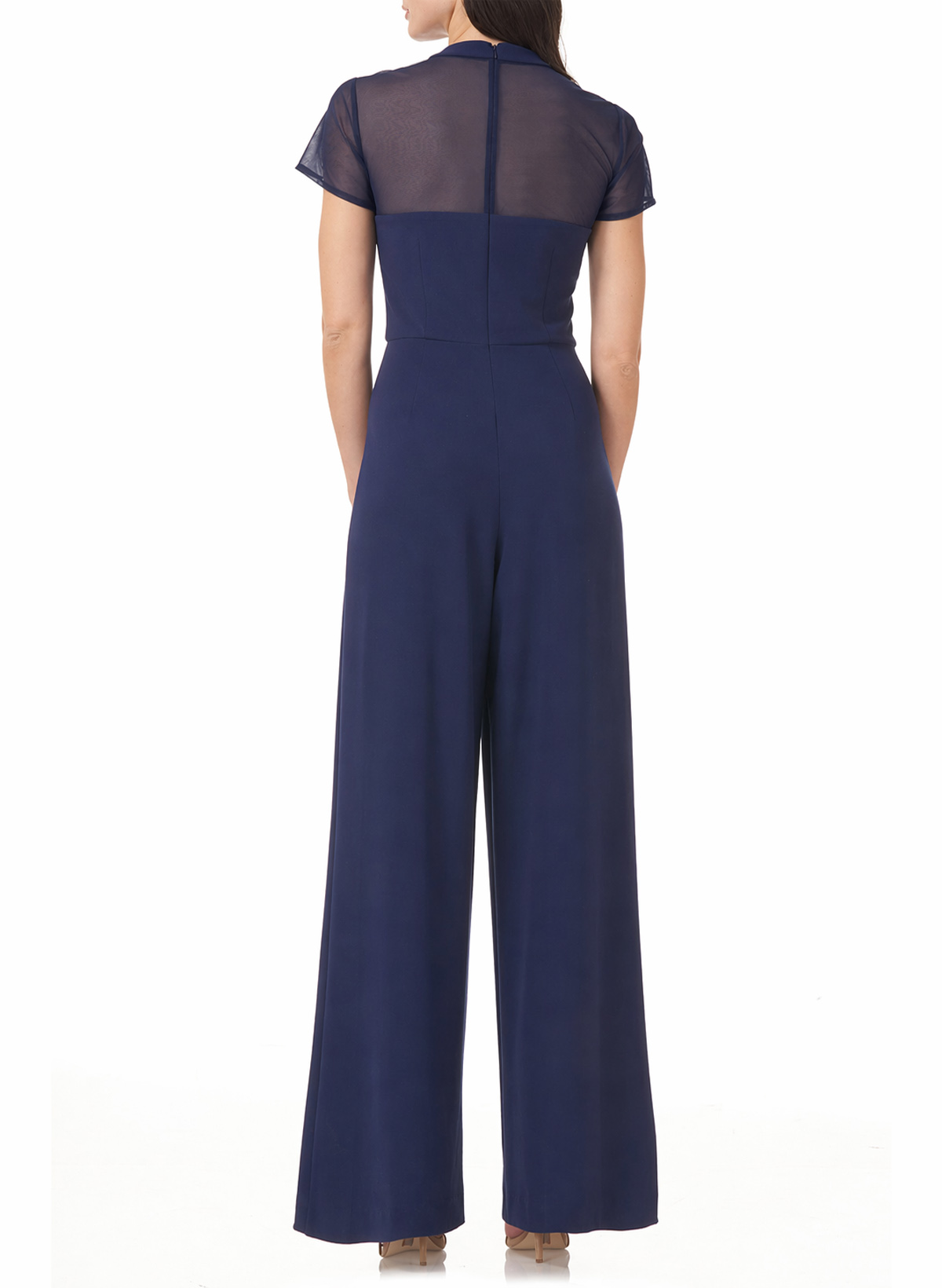 Jumpsuit/Pantsuit High Neck Short Sleeves Floor-Length Tulle/Elastic Satin Evening Dresses