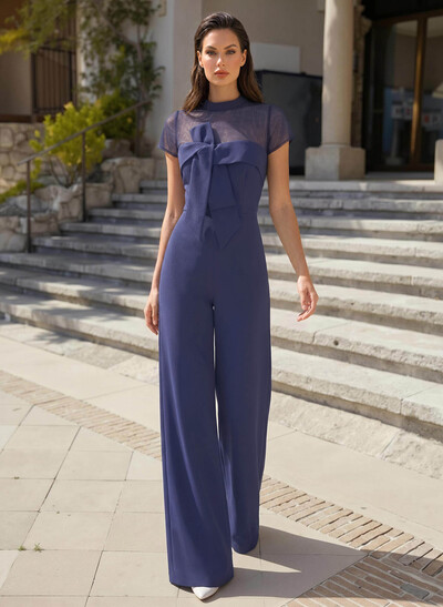 Jumpsuit/Pantsuit High Neck Short Sleeves Floor-Length Tulle/Elastic Satin Evening Dresses