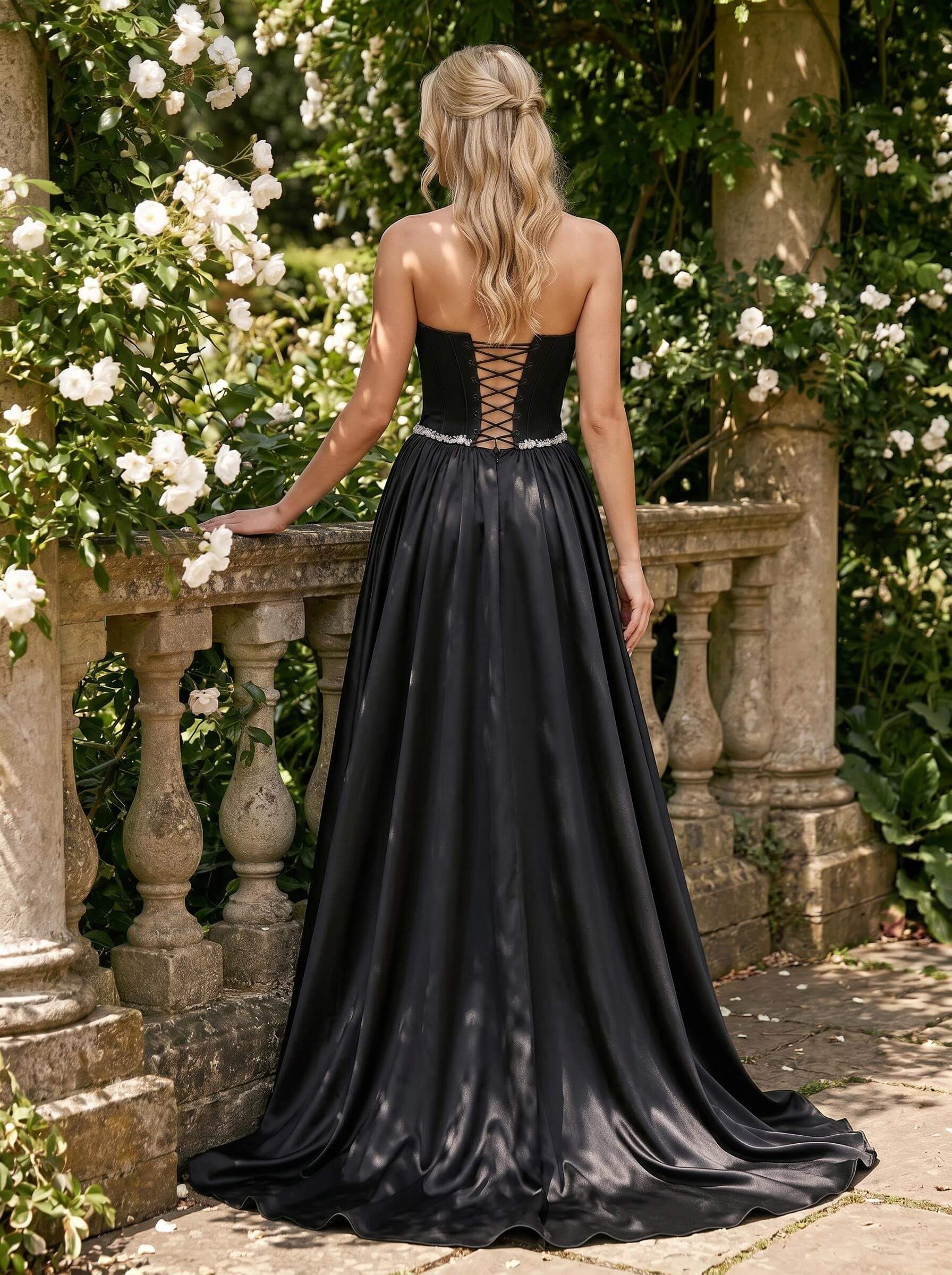 A-Line Strapless Sleeveless Court Train Satin/Elastic Satin Evening Dresses With Beading
