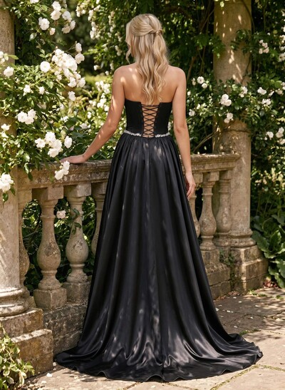A-Line Strapless Sleeveless Court Train Satin/Elastic Satin Evening Dresses With Beading