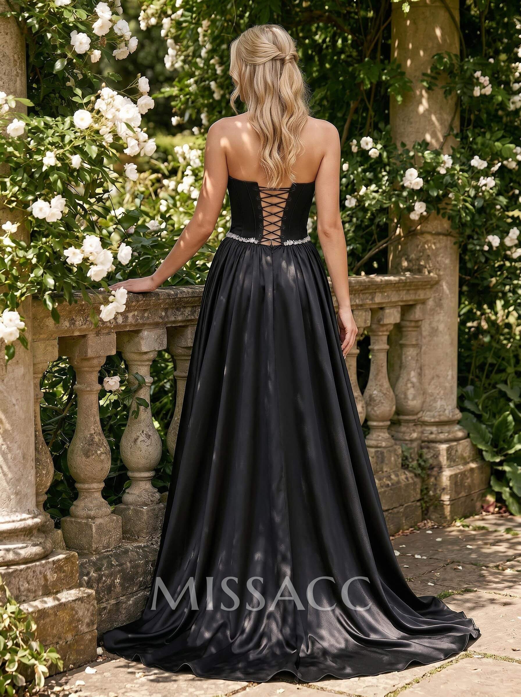 A-Line Strapless Sleeveless Court Train Satin/Elastic Satin Evening Dresses With Beading