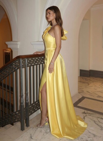 Trumpet/Mermaid One-Shoulder Sleeveless Sweep Train Satin Evening Dresses With Bow(s)/Pockets/High Split