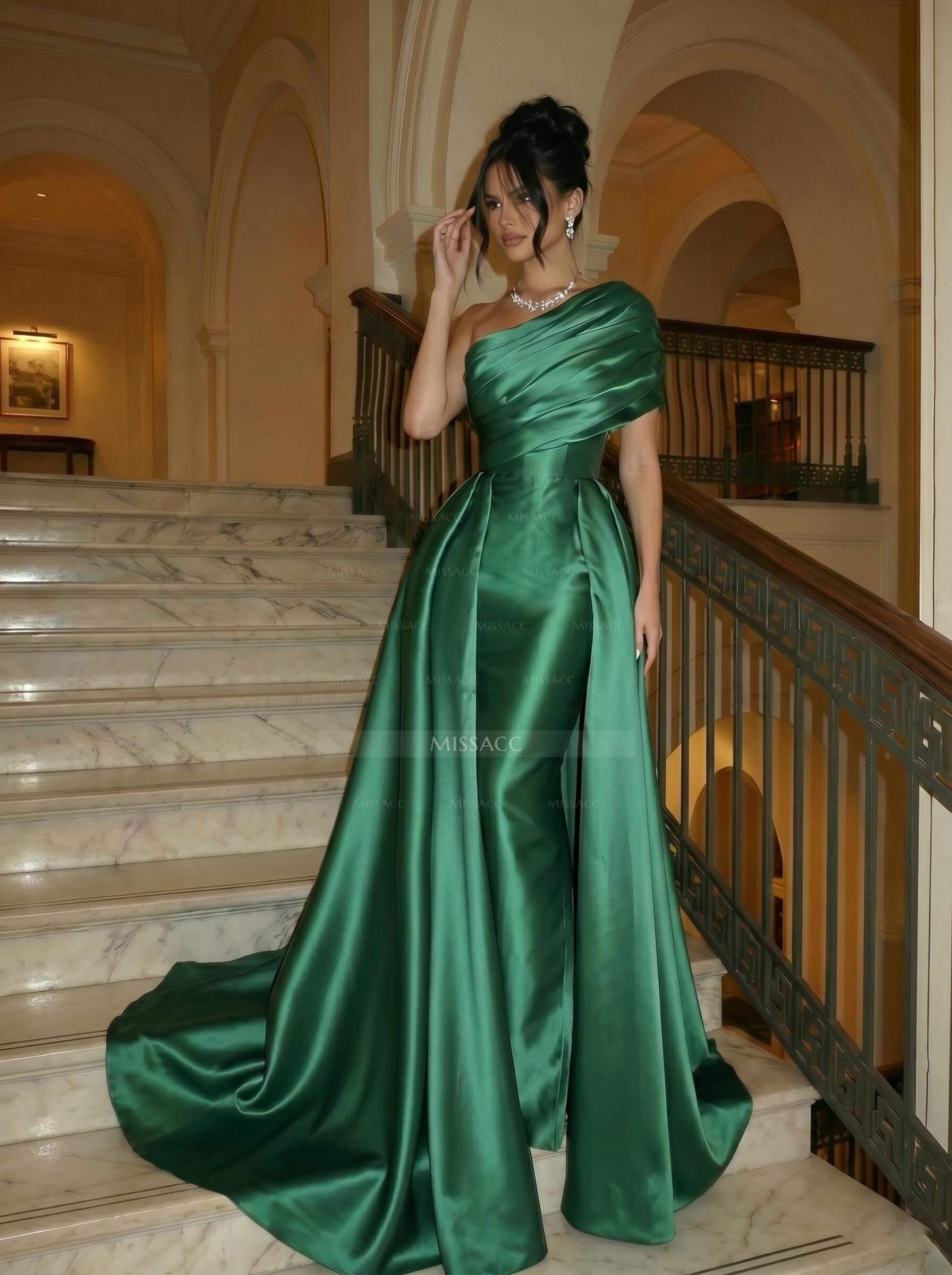 A-Line One-Shoulder Sleeveless Sweep Train Satin Evening Dresses With Overskirt Dress