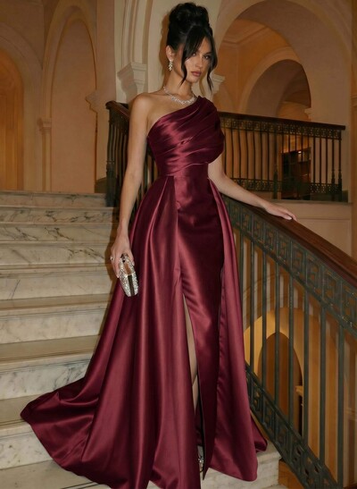 A-Line One-Shoulder Sleeveless Sweep Train Satin Evening Dresses With Overskirt Dress