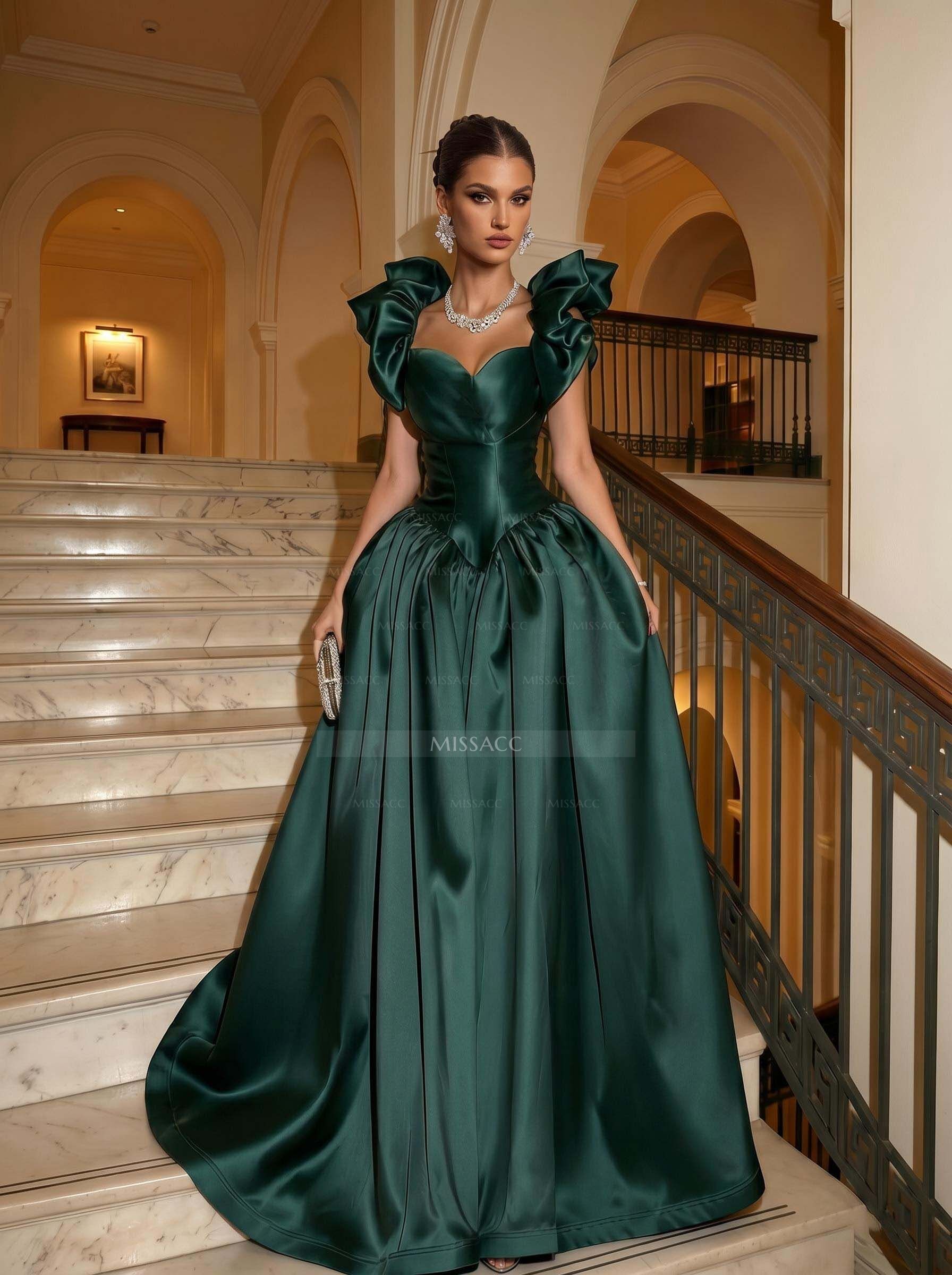 Elegant A-Line Square Neckline/Sweetheart Sleeveless Sweep Train Satin Evening Dresses