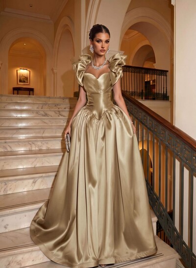 Elegant A-Line Square Neckline/Sweetheart Sleeveless Sweep Train Satin Evening Dresses