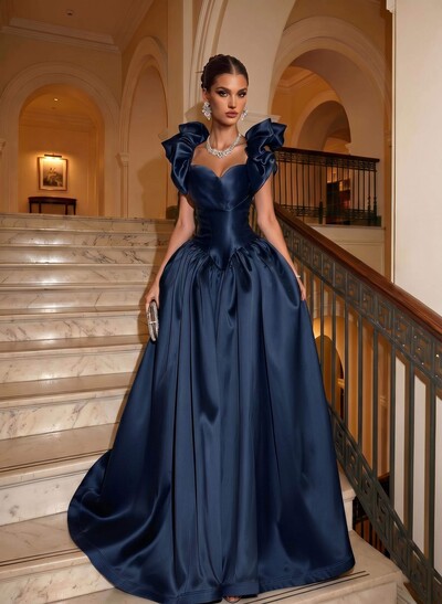 Elegant A-Line Square Neckline/Sweetheart Sleeveless Sweep Train Satin Evening Dresses