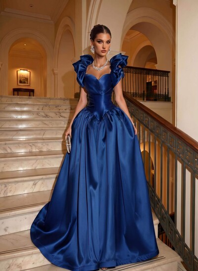 Elegant A-Line Square Neckline/Sweetheart Sleeveless Sweep Train Satin Evening Dresses