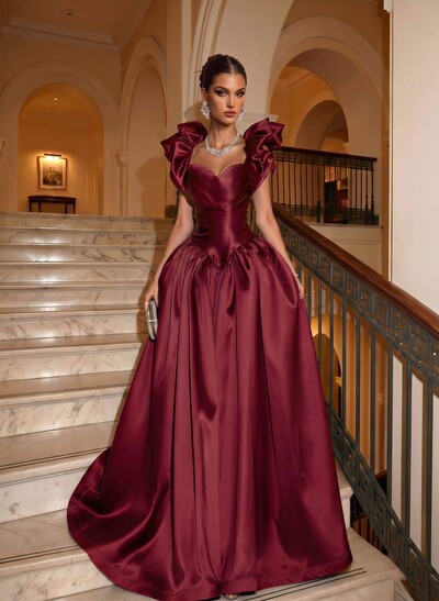 Elegant A-Line Square Neckline/Sweetheart Sleeveless Sweep Train Satin Evening Dresses