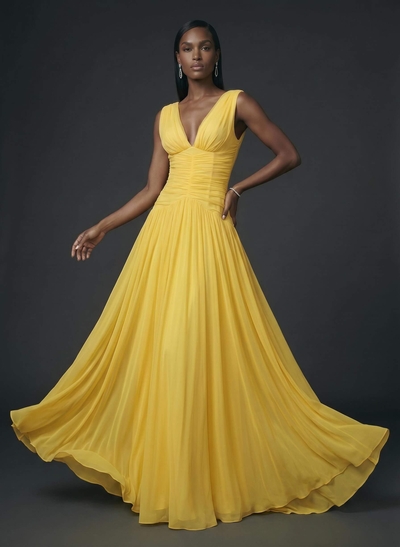 A-Line V-Neck Sleeveless Floor-Length Satin/Tulle Evening Dresses With Split Front/Pleated