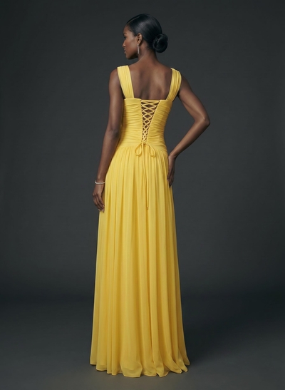 A-Line V-Neck Sleeveless Floor-Length Satin/Tulle Evening Dresses With Split Front/Pleated