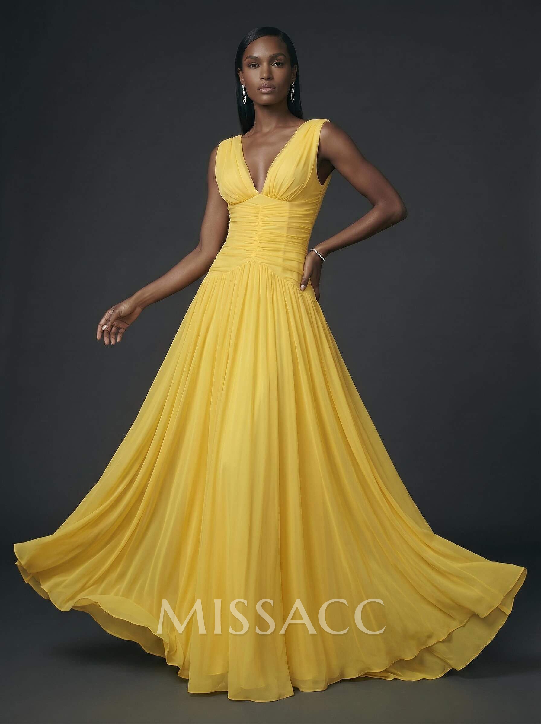 A-Line V-Neck Sleeveless Floor-Length Satin/Tulle Evening Dresses With Split Front/Pleated