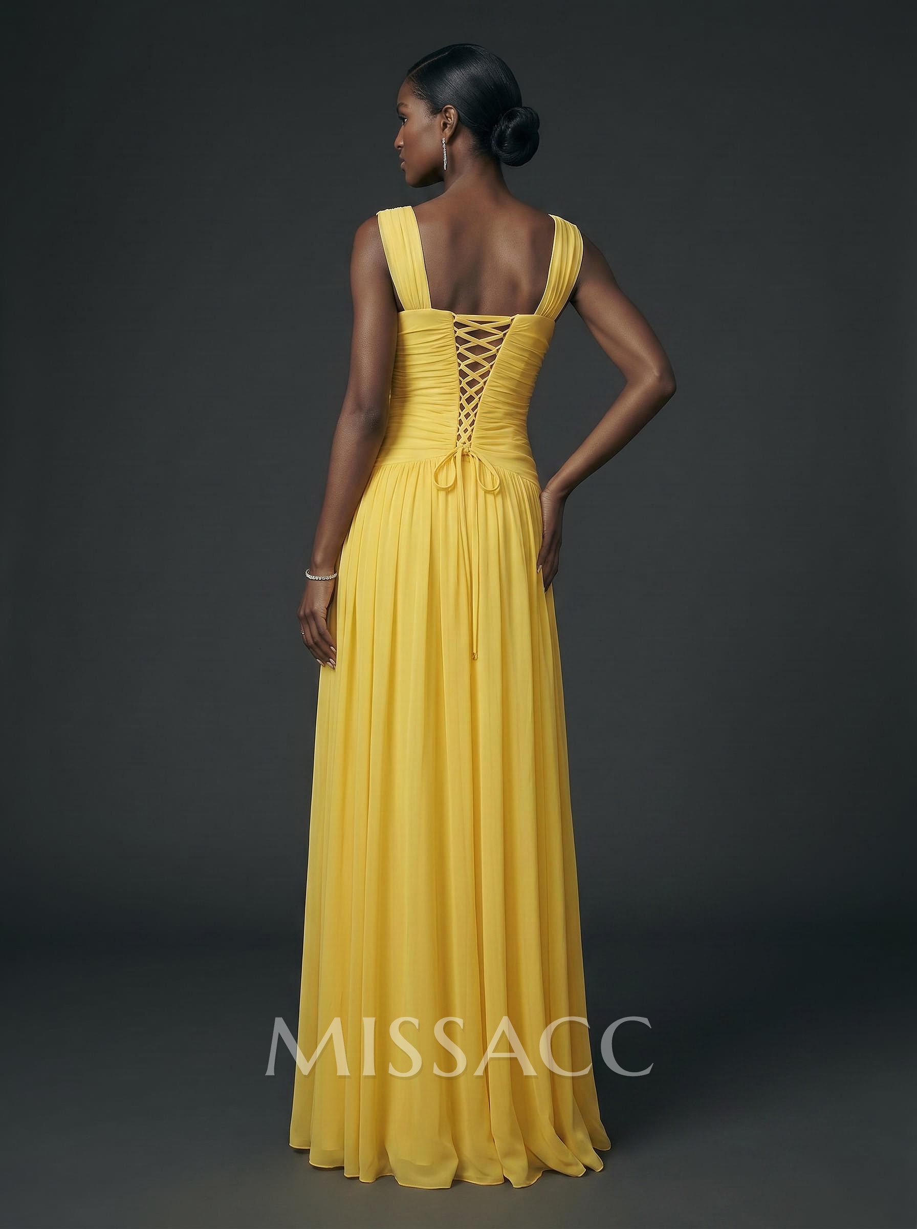 A-Line V-Neck Sleeveless Floor-Length Satin/Tulle Evening Dresses With Split Front/Pleated