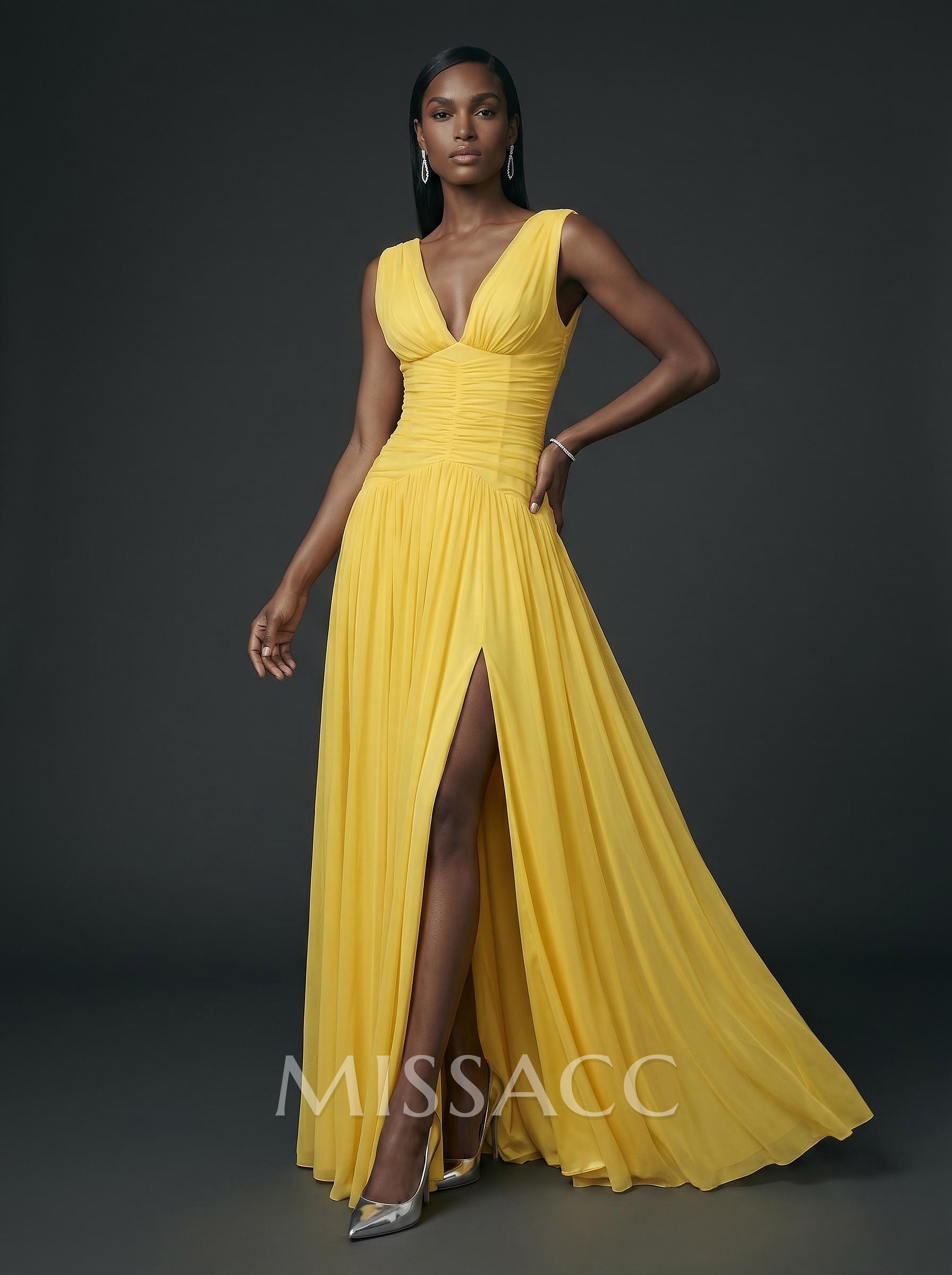 A-Line V-Neck Sleeveless Floor-Length Satin/Tulle Evening Dresses With Split Front/Pleated