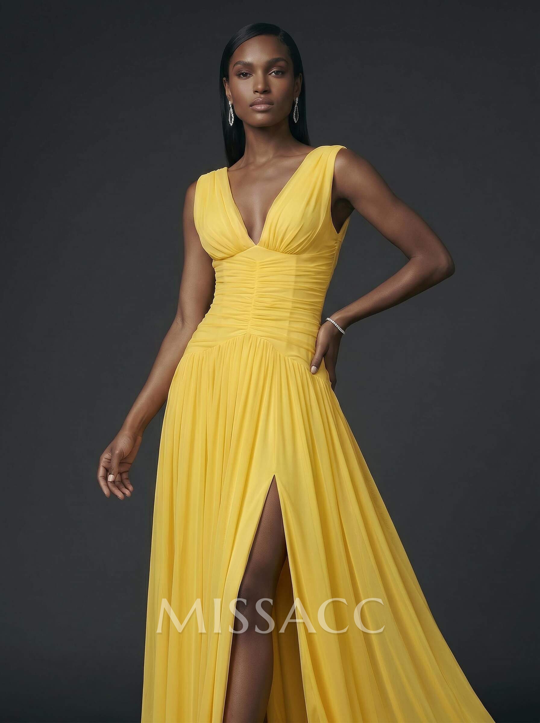 A-Line V-Neck Sleeveless Floor-Length Satin/Tulle Evening Dresses With Split Front/Pleated