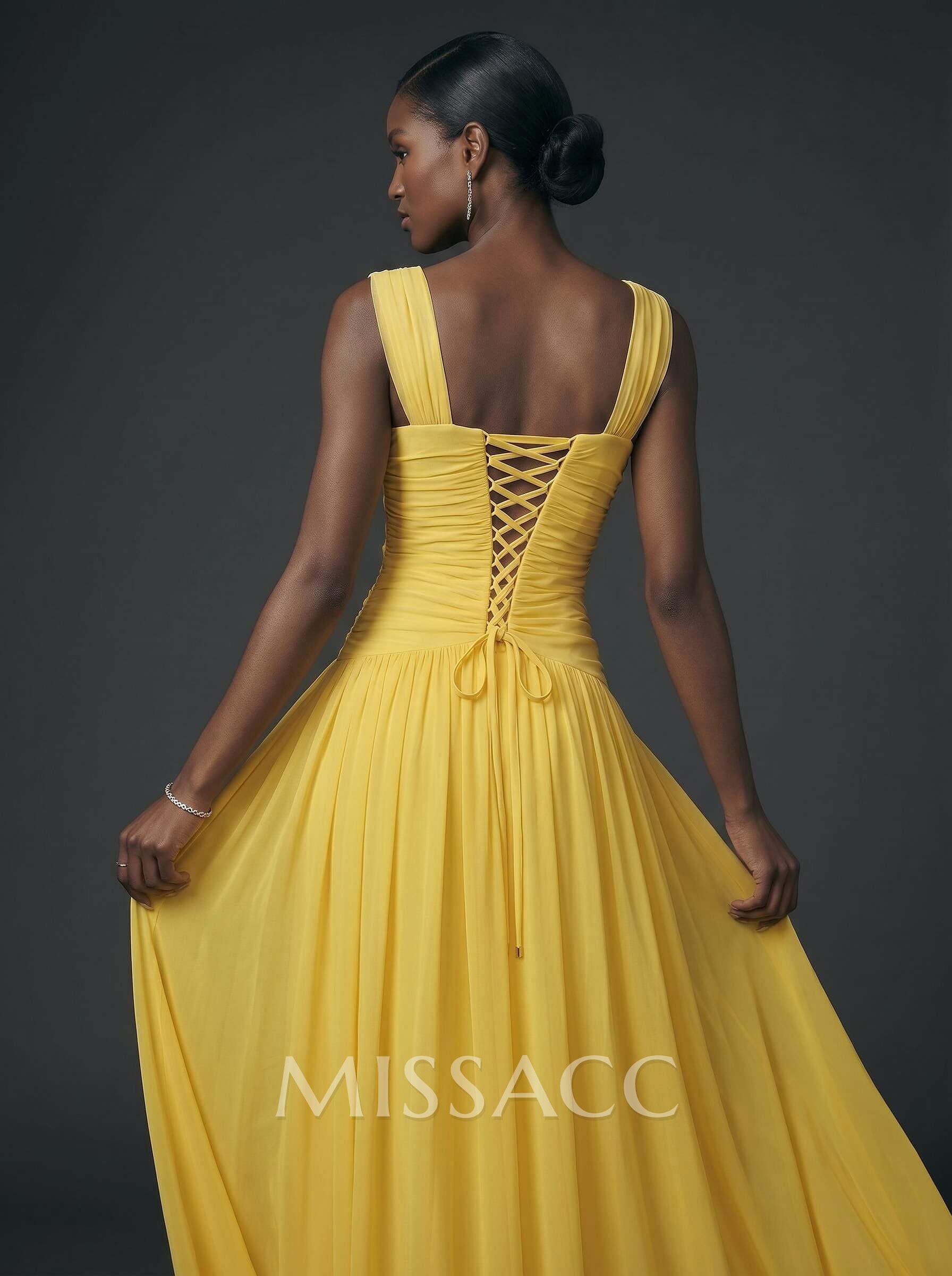 A-Line V-Neck Sleeveless Floor-Length Satin/Tulle Evening Dresses With Split Front/Pleated