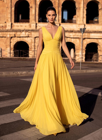 A-Line V-Neck Sleeveless Floor-Length Satin/Tulle Evening Dresses With Split Front/Pleated