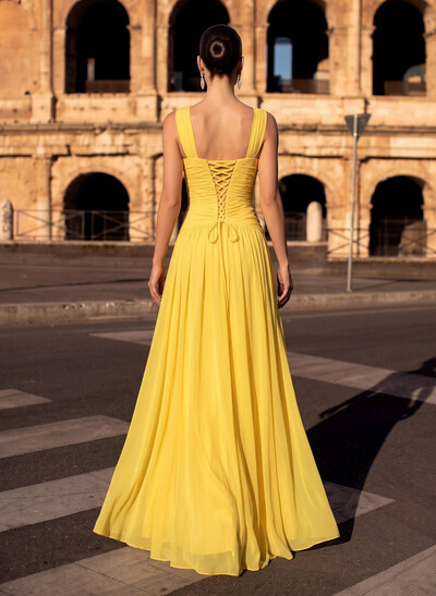 A-Line V-Neck Sleeveless Floor-Length Satin/Tulle Evening Dresses With Split Front/Pleated