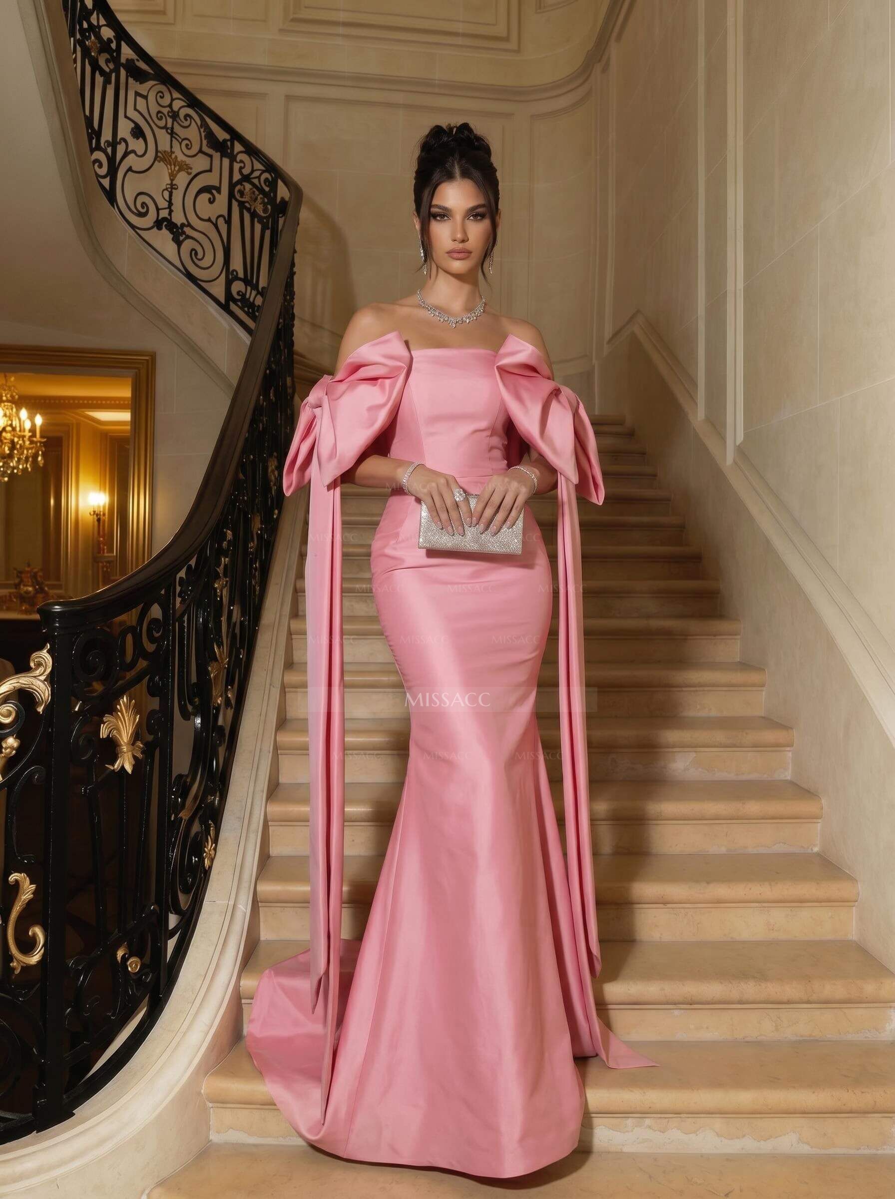 Trumpet/Mermaid Strapless Sleeveless Sweep Train Satin Evening Dresses With Bow(s)/Sweeping Side Drape