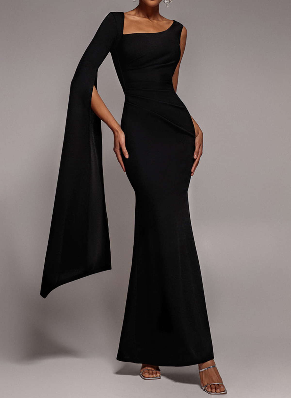 Asymmetrical Cape Sleeves Sheath/Column Ankle-Length Elastic Satin Evening Dresses