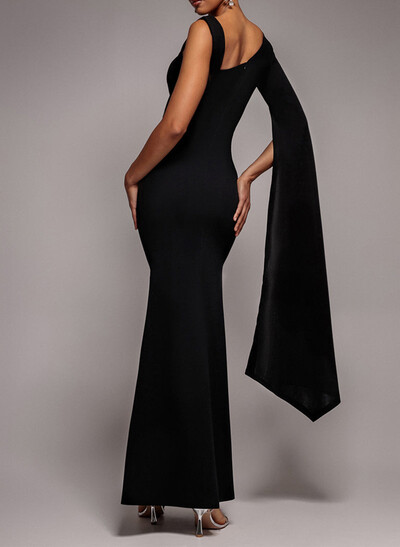 Asymmetrical Cape Sleeves Sheath/Column Ankle-Length Elastic Satin Evening Dresses