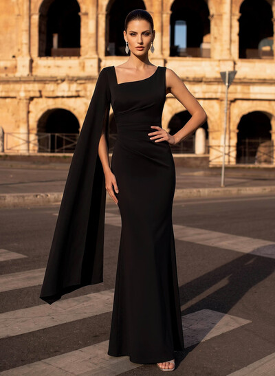 Asymmetrical Cape Sleeve Column Ankle-Length Stretch Satin Formal Dresses