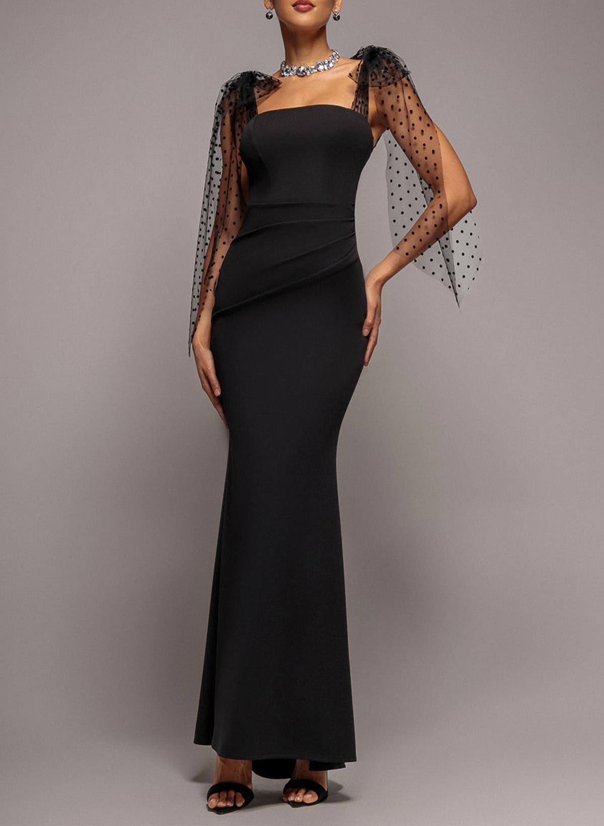 Trumpet/Mermaid Square Neckline Sleeveless Ankle-Length Tulle/Elastic Satin Evening Dresses With Bow(s)