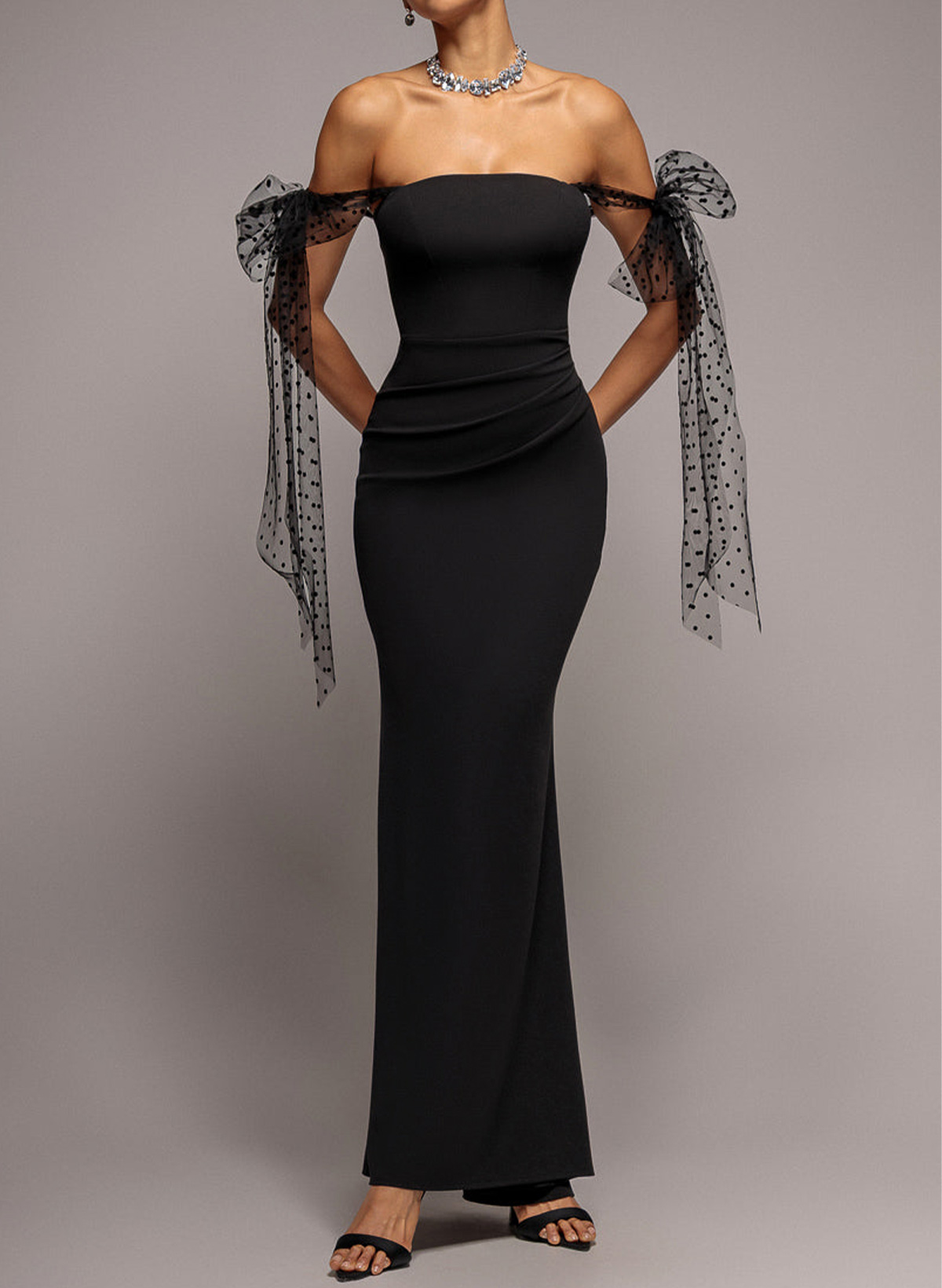 Trumpet/Mermaid Square Neckline Sleeveless Ankle-Length Tulle/Elastic Satin Evening Dresses With Bow(s)