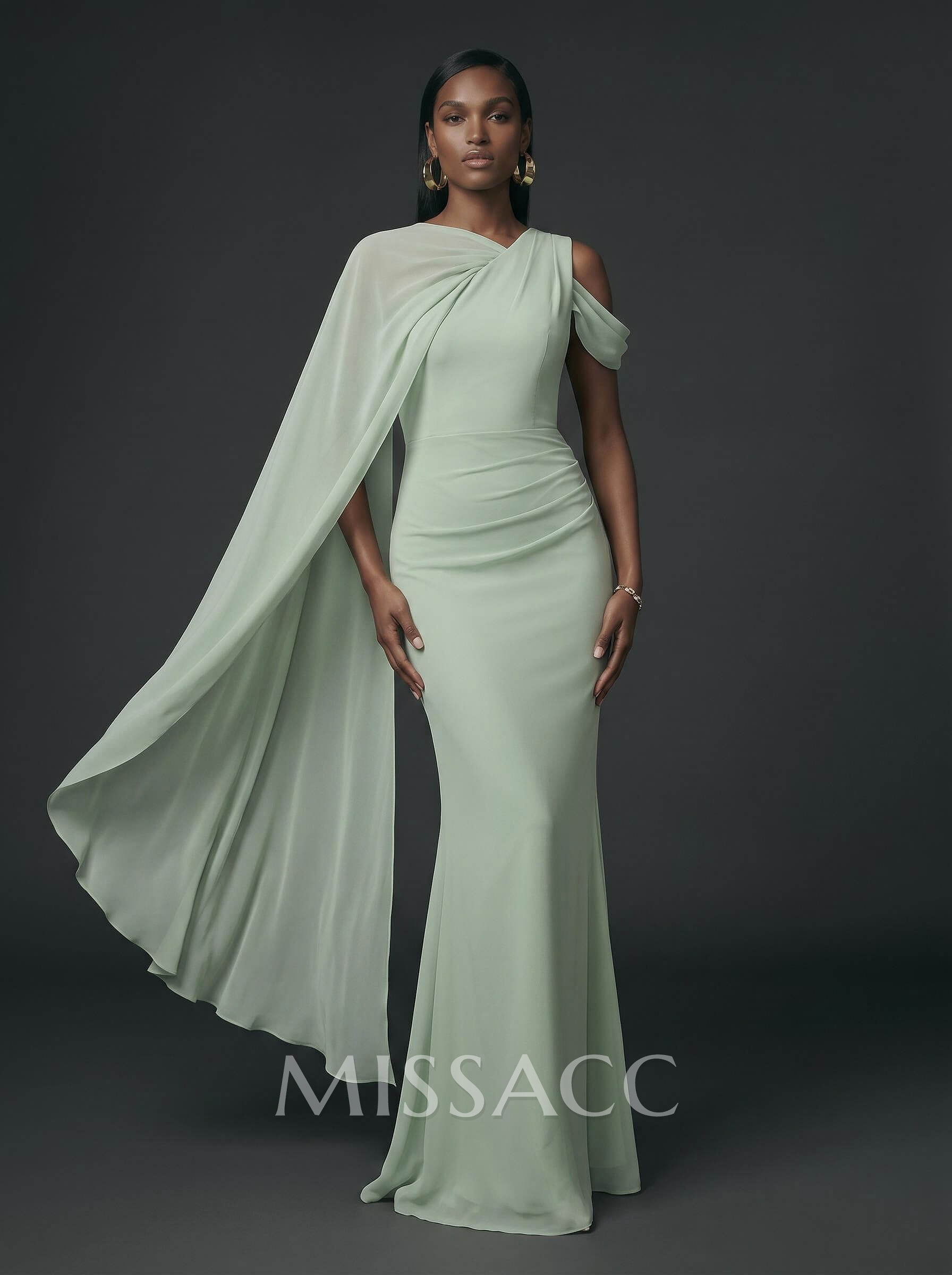 Sheath/Column Asymmetrical Cape Sleeves Floor-Length Chiffon Evening Dresses