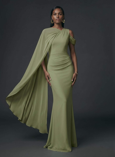 Sheath/Column Asymmetrical Cape Sleeves Floor-Length Chiffon Evening Dresses