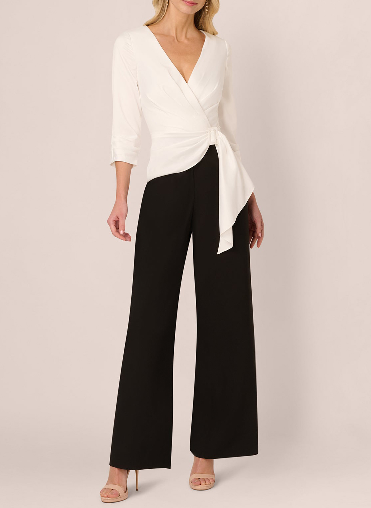 Elegant Jumpsuit/Pantsuit V-Neck 3/4 Sleeves Ankle-Length Crepe Satin Evening Dresses