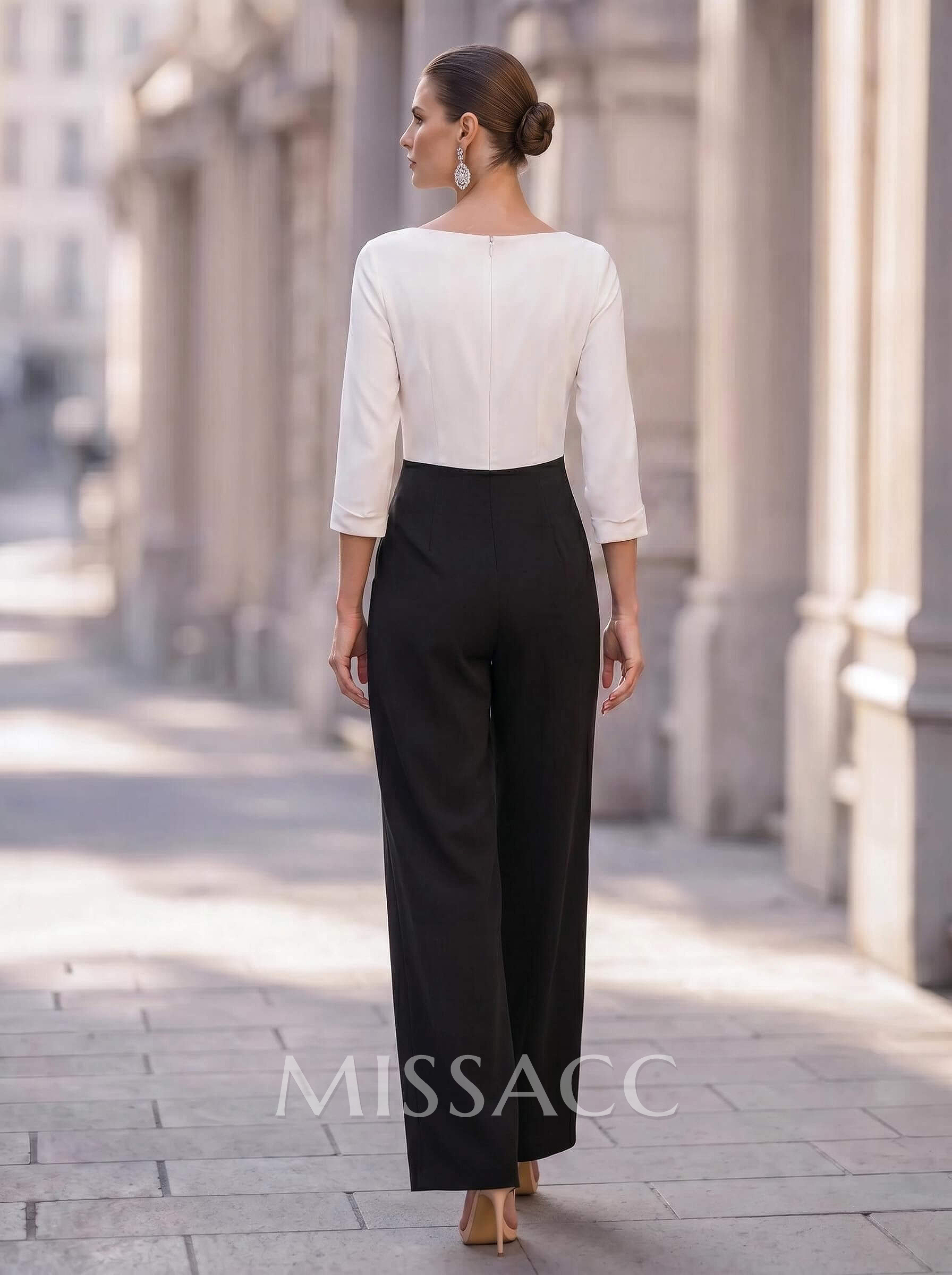 Elegant Jumpsuit/Pantsuit V-Neck 3/4 Sleeves Ankle-Length Crepe Satin Evening Dresses Elegant Jumpsuit/Pantsuit V-Neck 3/4 Sleeves Ankle-Length Crepe Satin Evening Dresses