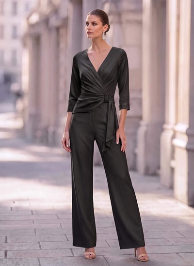 Elegant Jumpsuit/Pantsuit V-Neck 3/4 Sleeves Ankle-Length Crepe Satin Evening Dresses