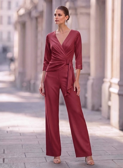 Elegant Jumpsuit/Pantsuit V-Neck 3/4 Sleeves Ankle-Length Crepe Satin Evening Dresses