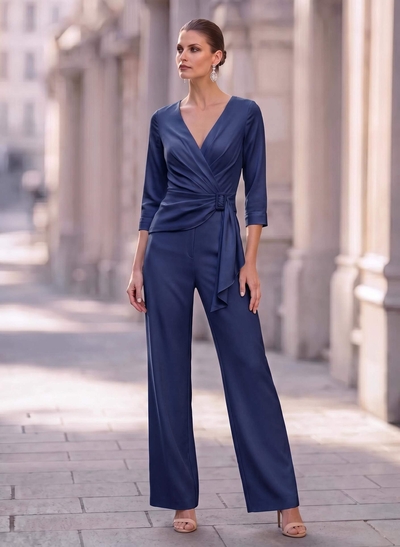 Elegant Jumpsuit/Pantsuit V-Neck 3/4 Sleeves Ankle-Length Crepe Satin Evening Dresses