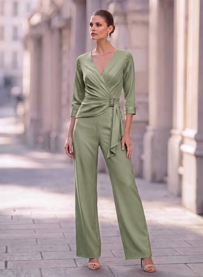 Elegant Jumpsuit/Pantsuit V-Neck 3/4 Sleeves Ankle-Length Crepe Satin Evening Dresses