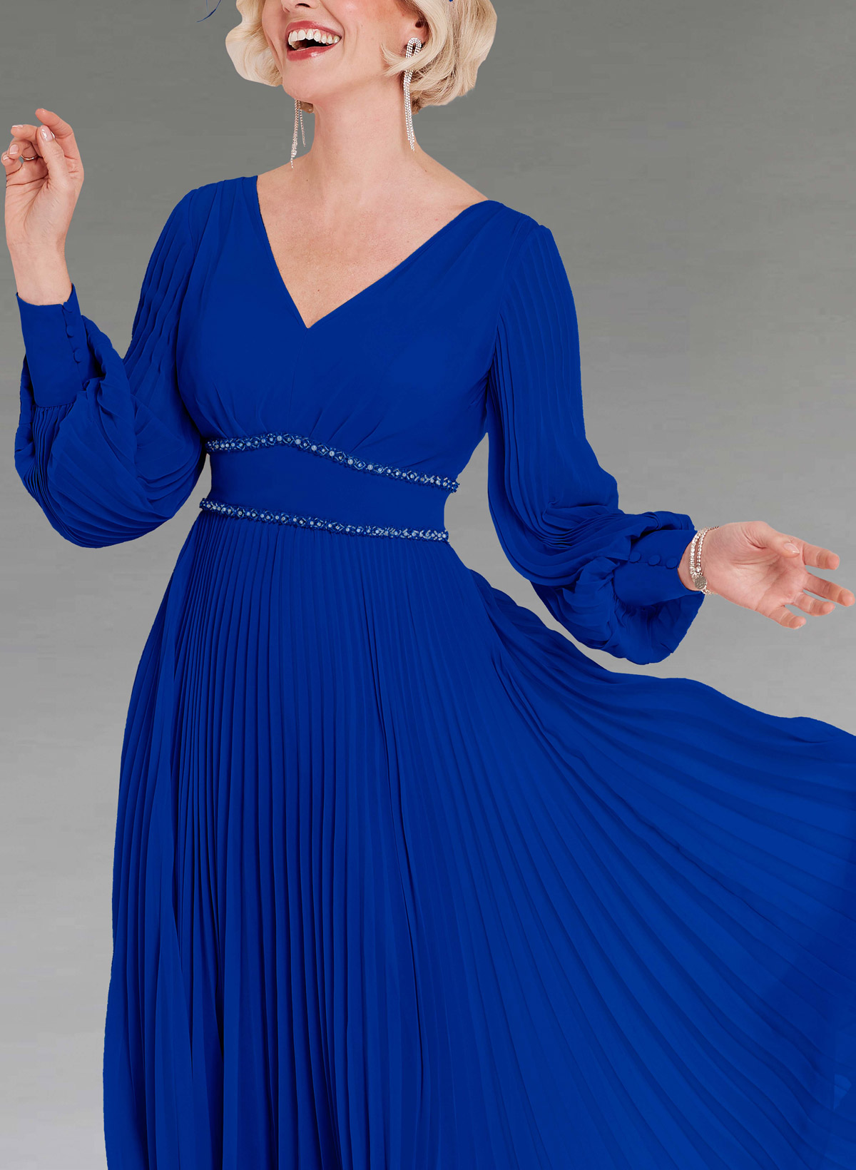 A-Line V-Neck Long Sleeves Tea-Length Chiffon Evening Dresses With Beading/Pleated