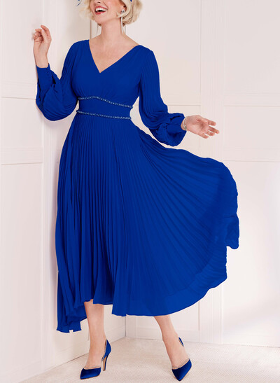 A-Line V-Neck Long Sleeves Tea-Length Chiffon Evening Dresses With Beading/Pleated