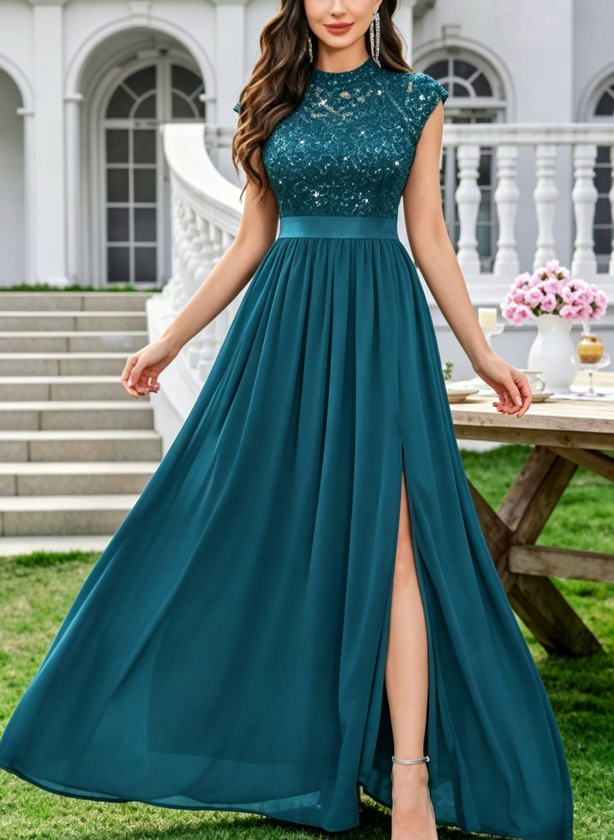 A-Line High Neck Short Sleeves Floor-Length Chiffon/Lace Evening Dresses With Pockets/Sash