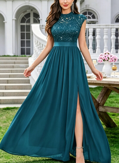 A-Line High Neck Short Sleeves Floor-Length Chiffon/Lace Evening Dresses With Pockets/Sash