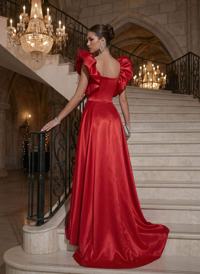 A-Line Square Neckline Floor-Length Liquid Satin Evening Dresses With High Split/Overskirt Dress