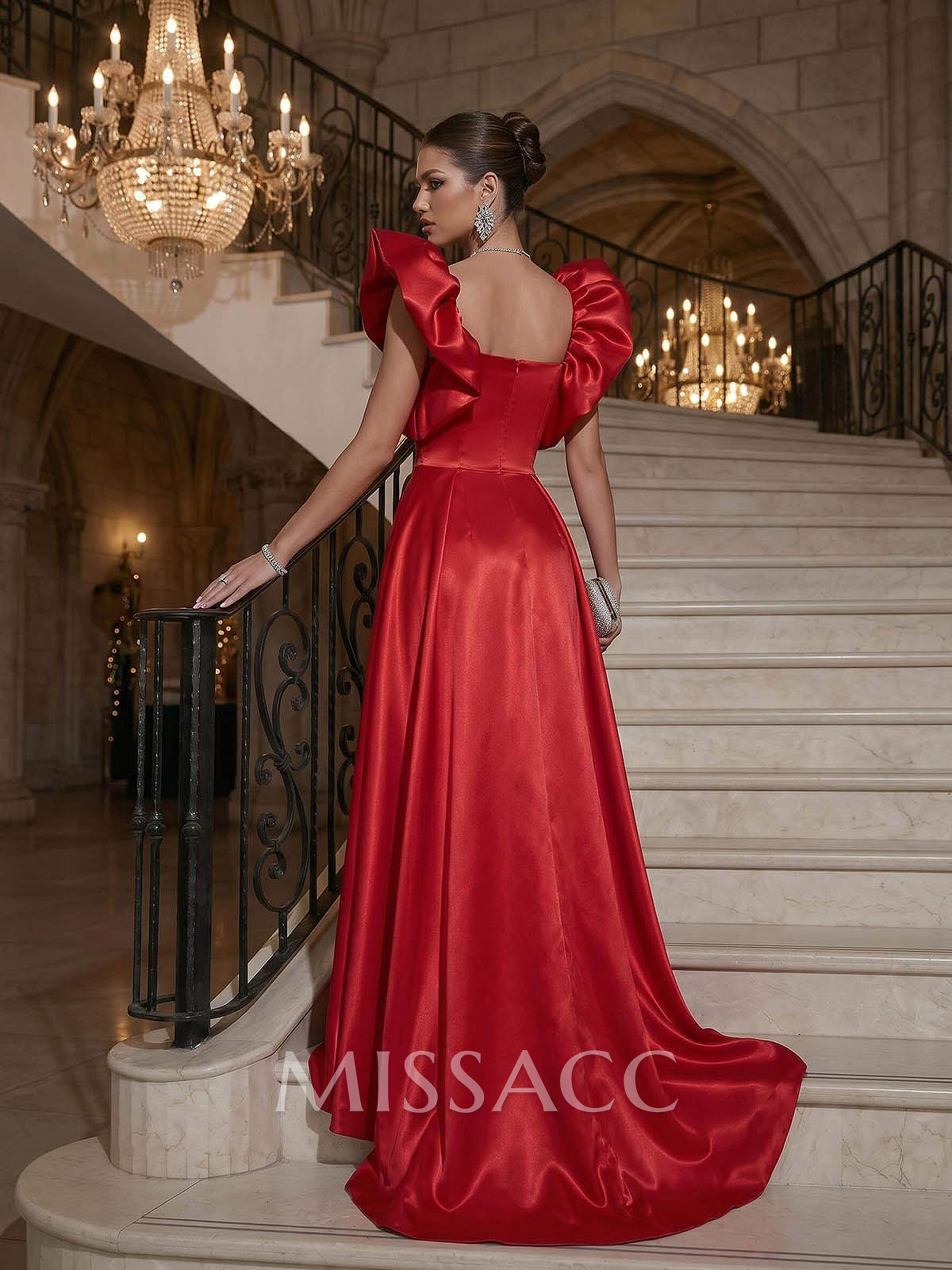 A-Line Square Neckline Floor-Length Liquid Satin Evening Dresses With High Split/Overskirt Dress