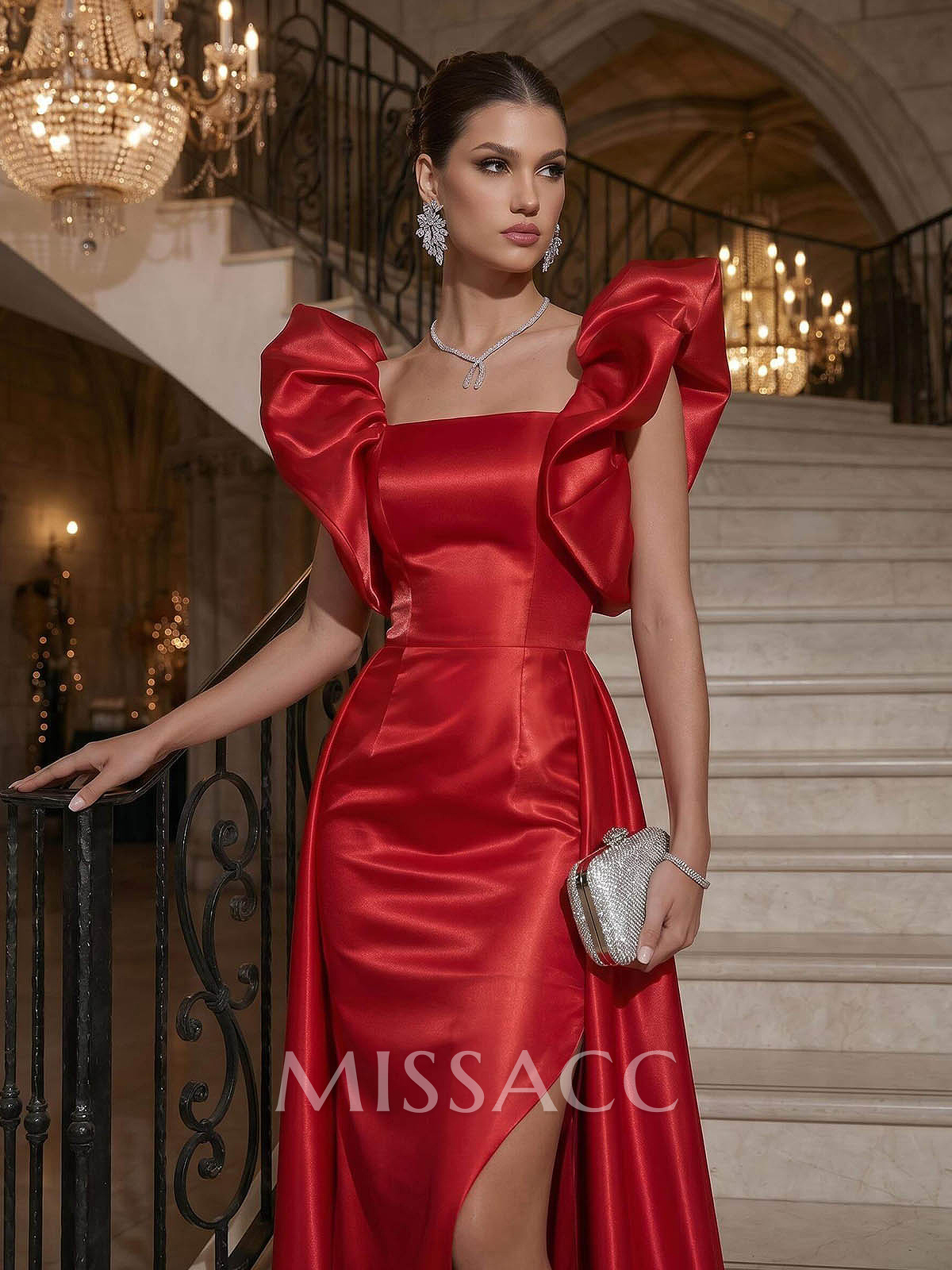 A-Line Square Neckline Floor-Length Liquid Satin Evening Dresses With High Split/Overskirt Dress