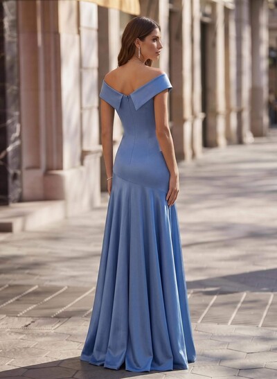 Sheath/Column V-Neck Floor-Length Stretch Satin Knit Evening Dresses With Pleated/High Split