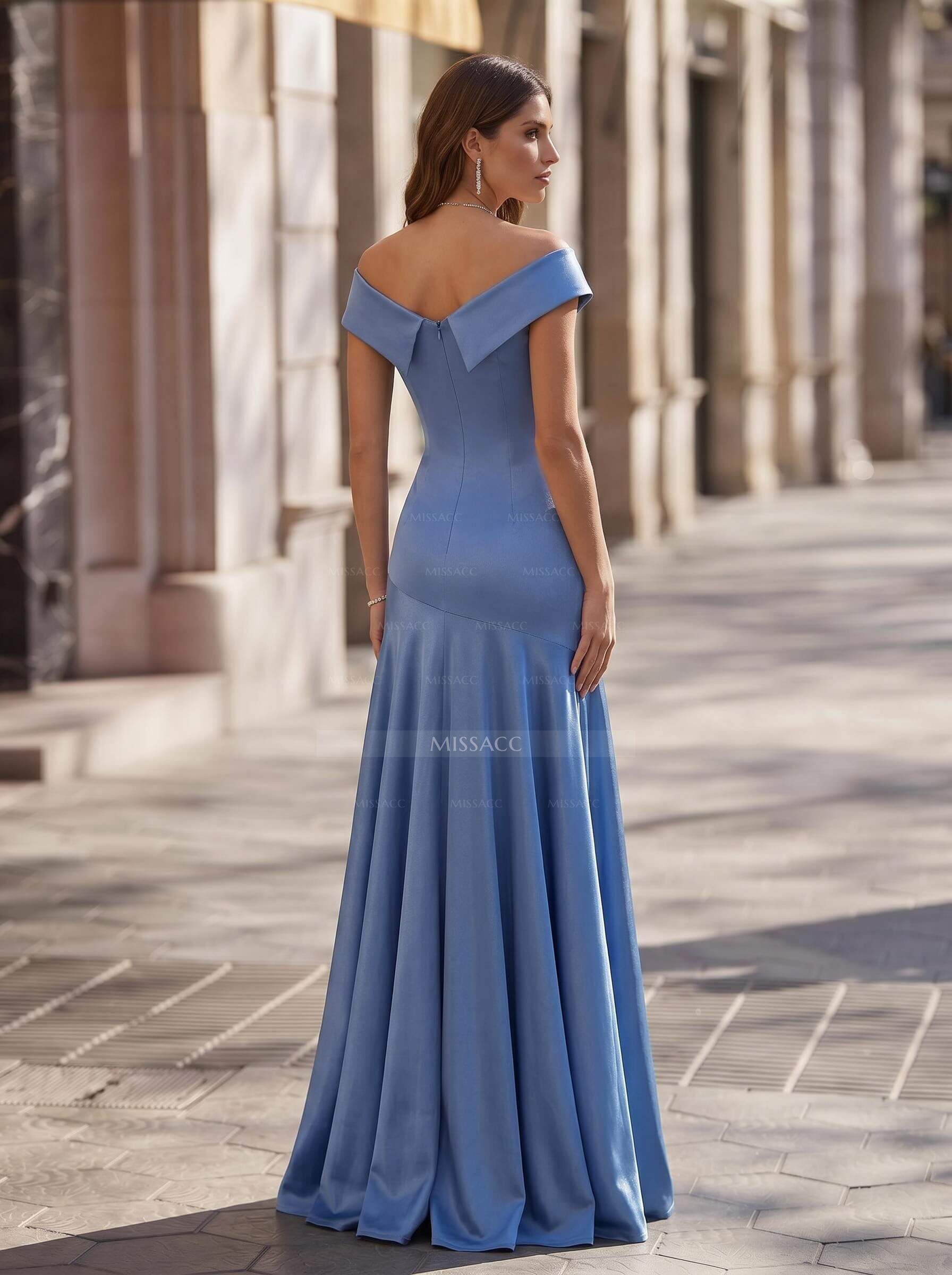 Sheath/Column V-Neck Floor-Length Stretch Satin Knit Evening Dresses With Pleated/High Split