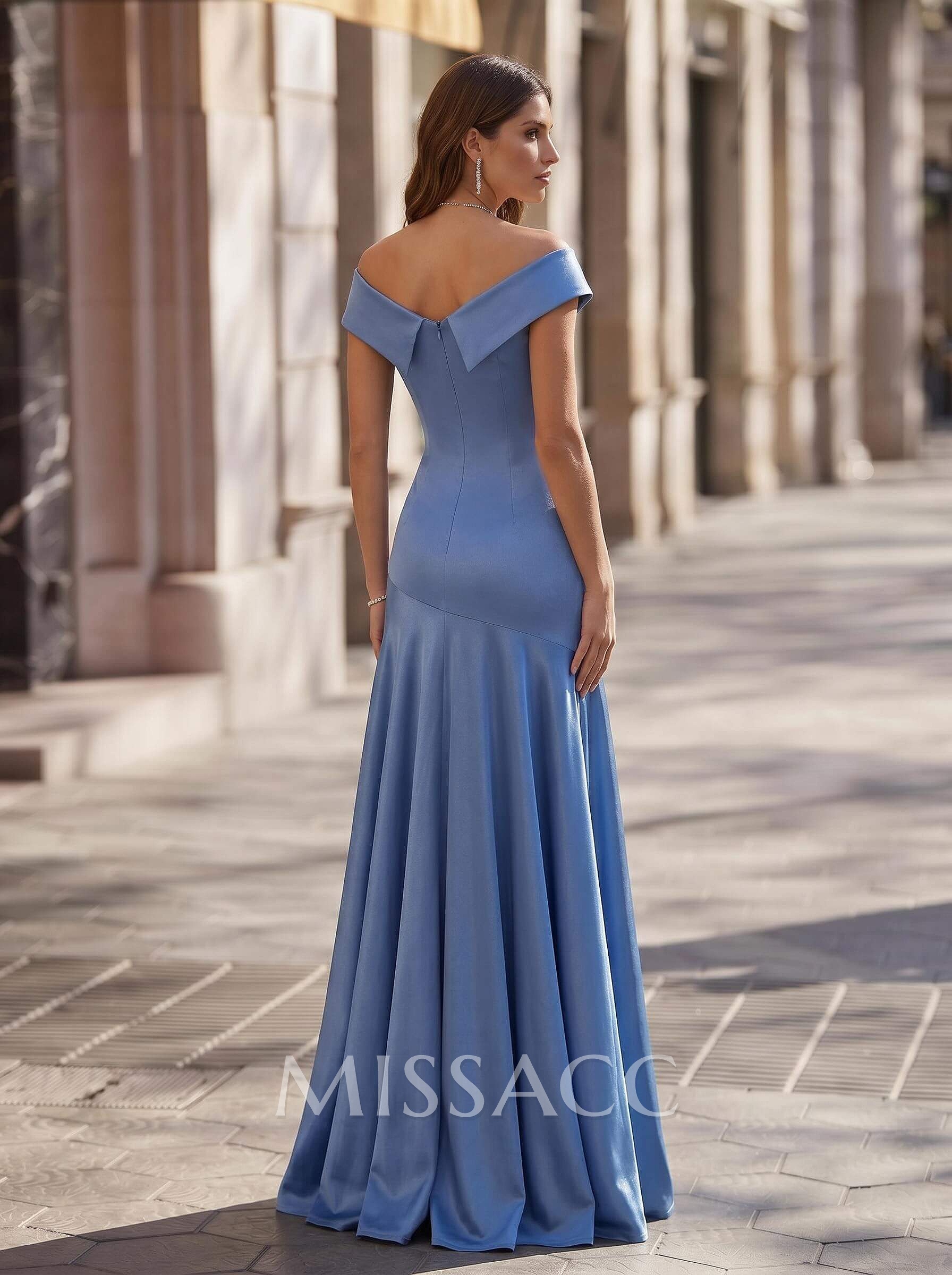 Sheath/Column V-Neck Floor-Length Stretch Satin Knit Evening Dresses With Pleated/High Split