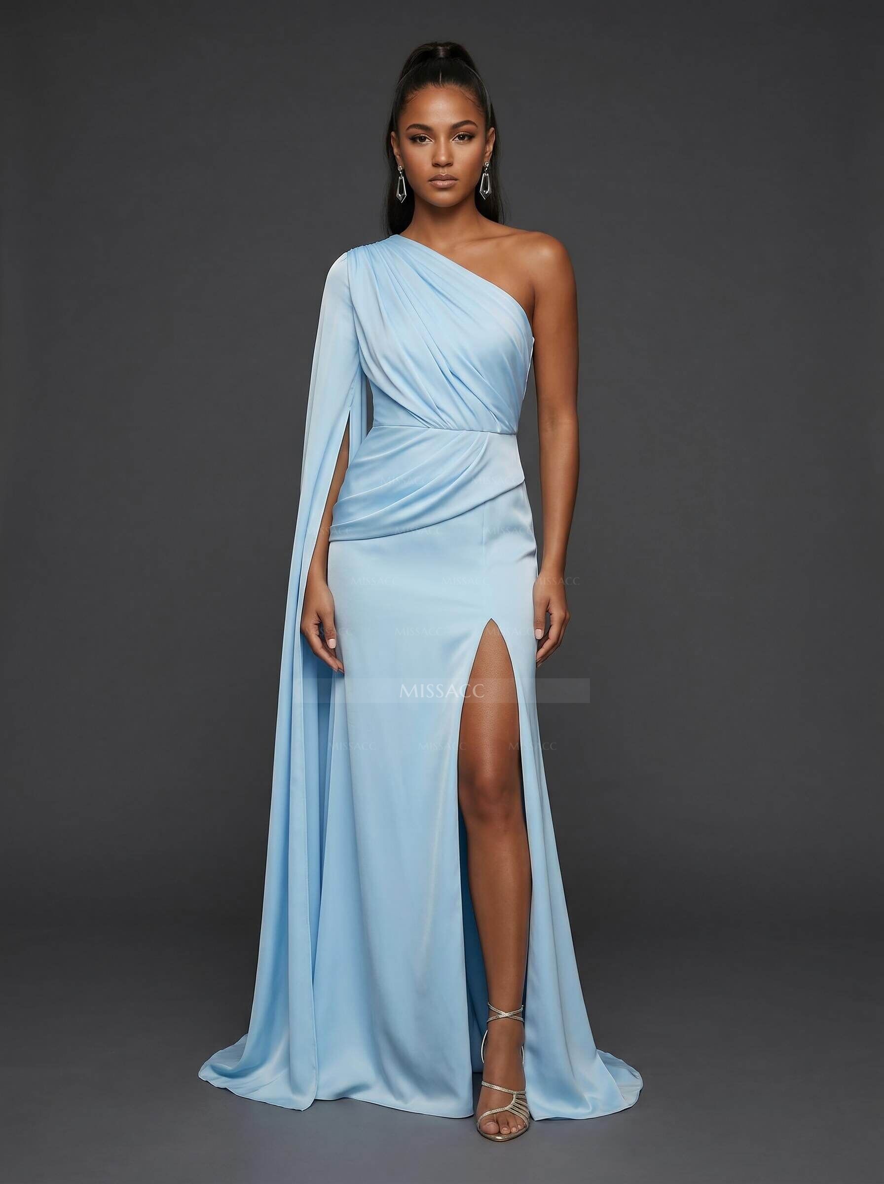 Trumpet/Mermaid One-Shoulder Sweep Train Crepe Satin Evening Dresses With High Split/Sweeping Side Drape