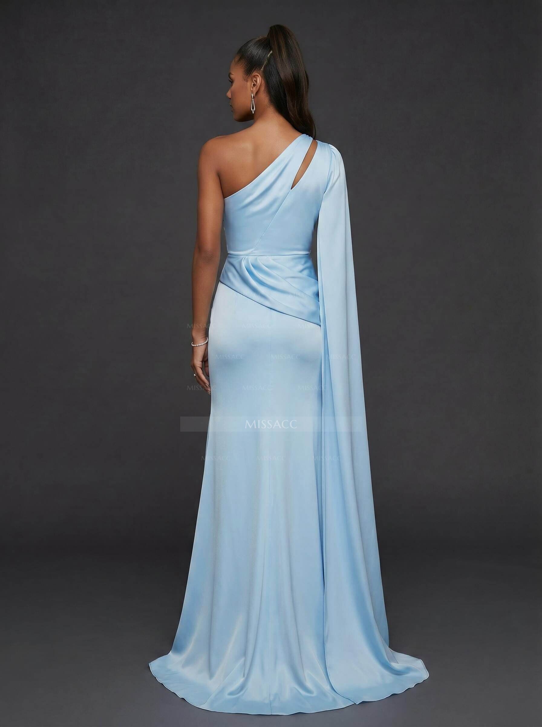 Trumpet/Mermaid One-Shoulder Sweep Train Crepe Satin Evening Dresses With High Split/Sweeping Side Drape