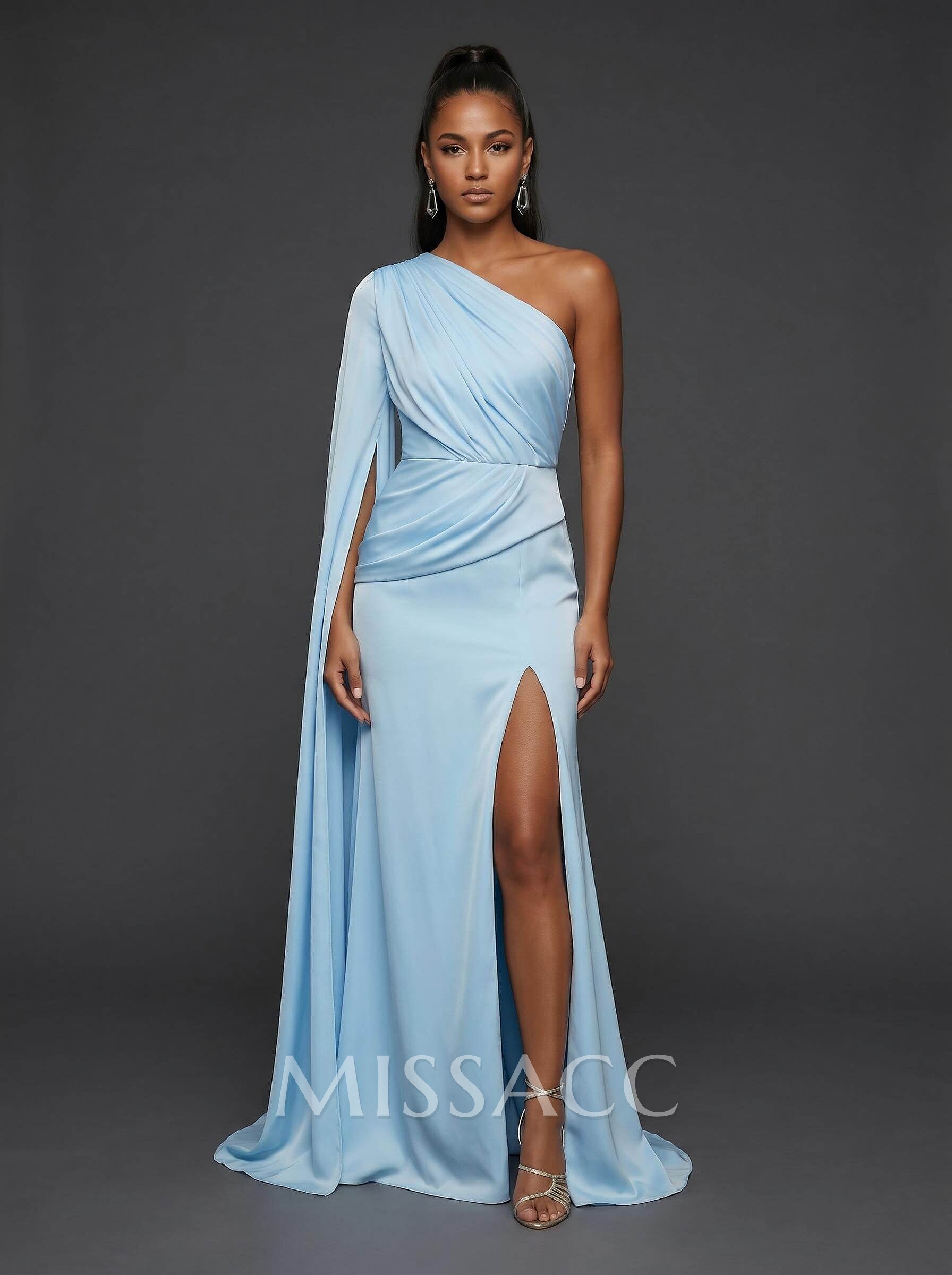 Trumpet/Mermaid One-Shoulder Sweep Train Crepe Satin Evening Dresses With High Split/Sweeping Side Drape